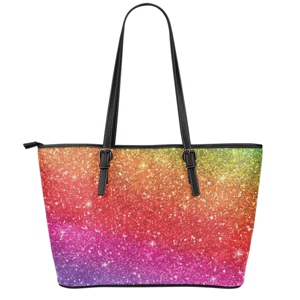 Rainbow (NOT Real) Glitter Artwork Print Leather Tote Bag