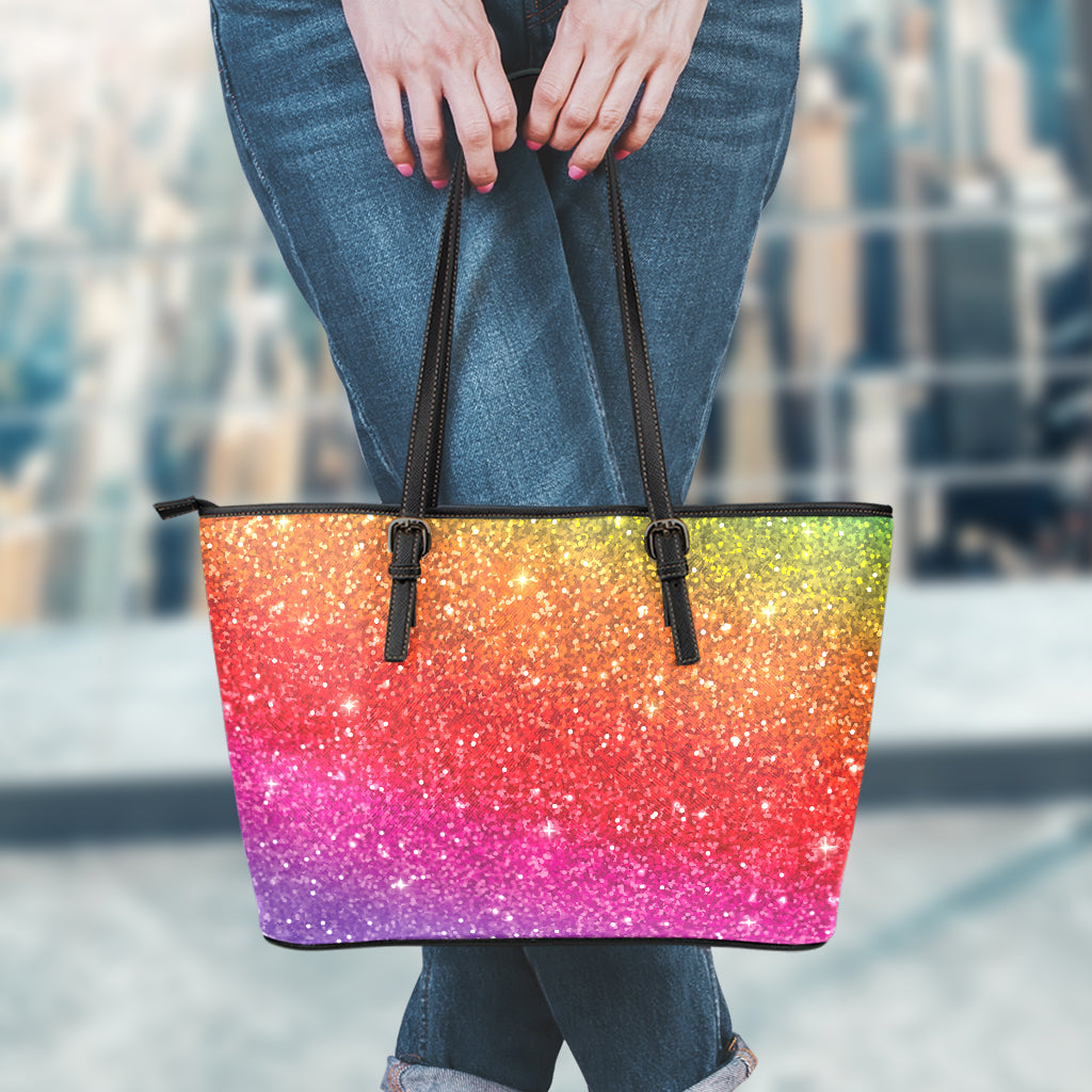 Rainbow (NOT Real) Glitter Artwork Print Leather Tote Bag