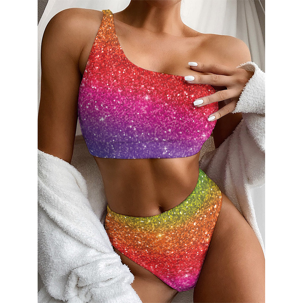 Rainbow (NOT Real) Glitter Artwork Print One Shoulder Bikini Top