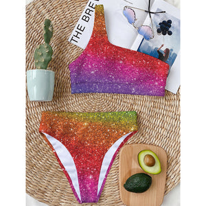 Rainbow (NOT Real) Glitter Artwork Print One Shoulder Bikini Top