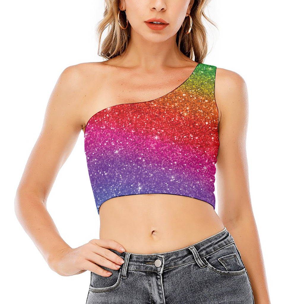 Rainbow (NOT Real) Glitter Artwork Print One Shoulder Crop Top