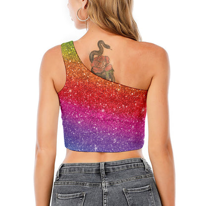 Rainbow (NOT Real) Glitter Artwork Print One Shoulder Crop Top