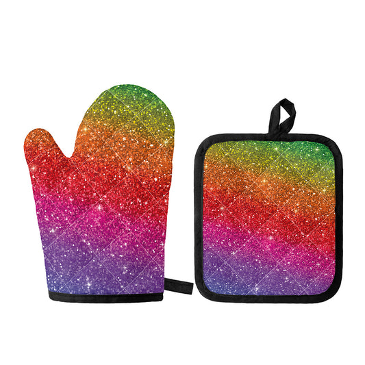 Rainbow (NOT Real) Glitter Artwork Print Oven Mitt And Pot Holder Set