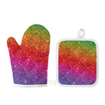 Rainbow (NOT Real) Glitter Artwork Print Oven Mitt And Pot Holder Set