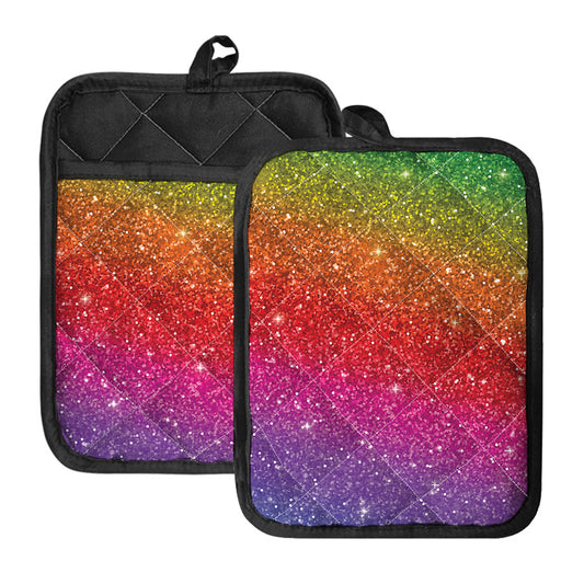 Rainbow (NOT Real) Glitter Artwork Print Pot Holders With Pocket
