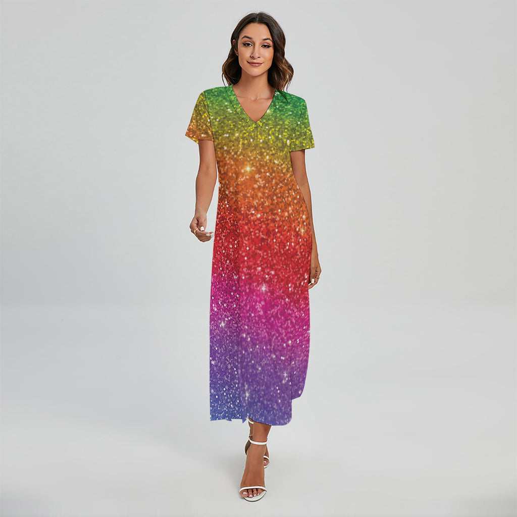 Rainbow (NOT Real) Glitter Artwork Print Short Sleeve Maxi Dress