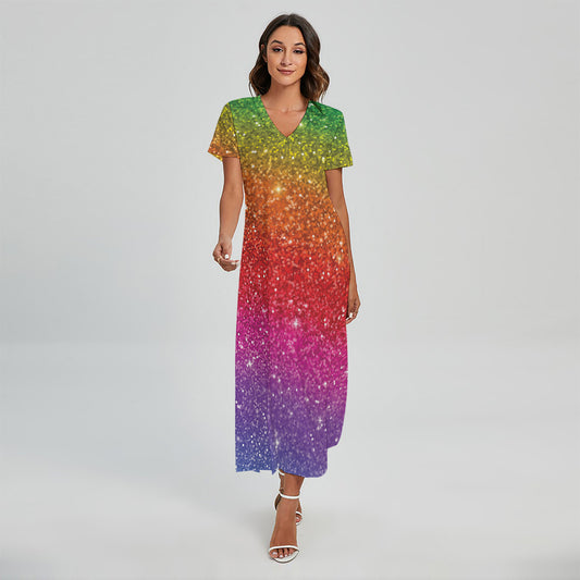 Rainbow (NOT Real) Glitter Artwork Print Short Sleeve Maxi Dress