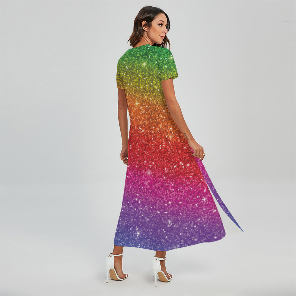 Rainbow (NOT Real) Glitter Artwork Print Short Sleeve Maxi Dress