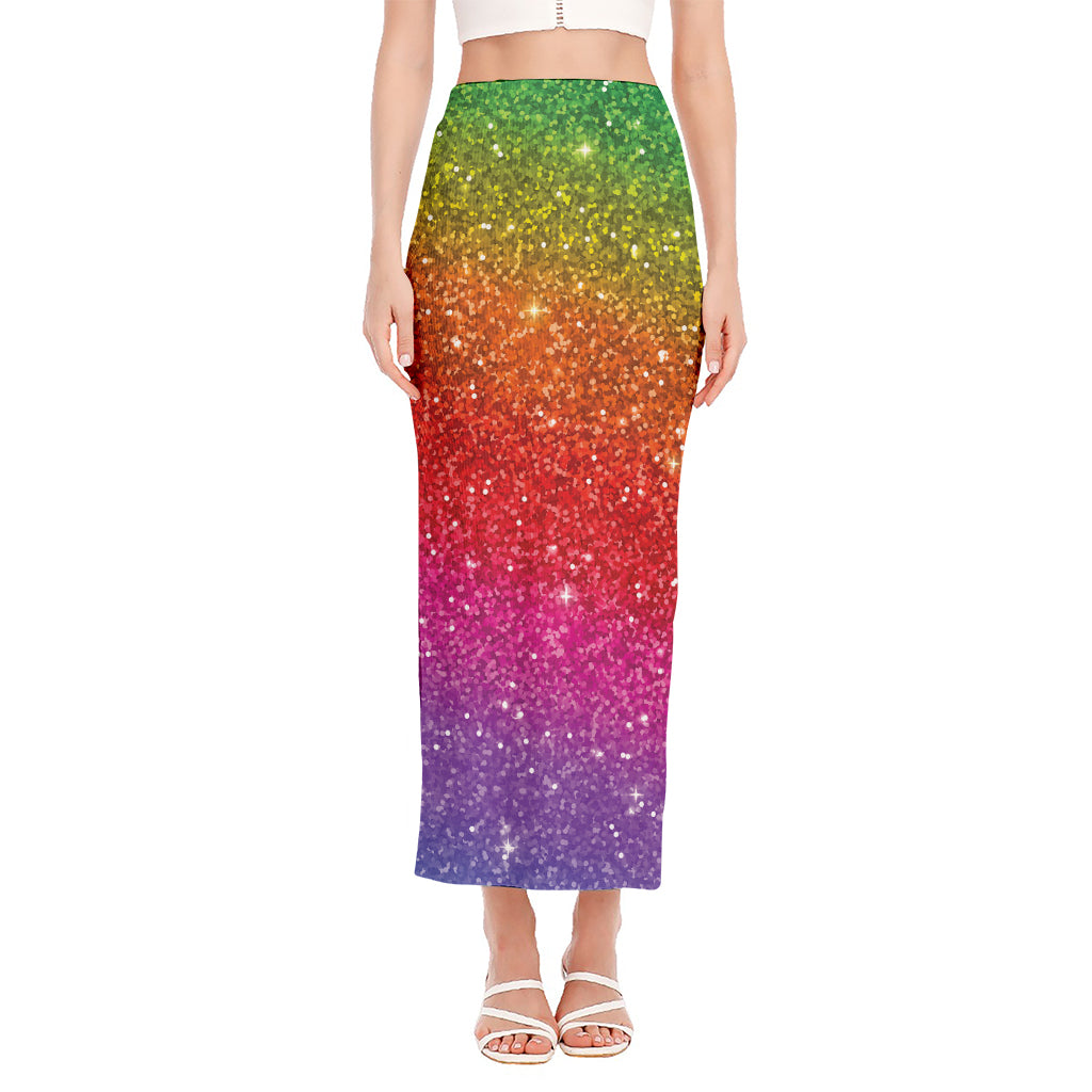 Rainbow (NOT Real) Glitter Artwork Print Side Slit Maxi Skirt