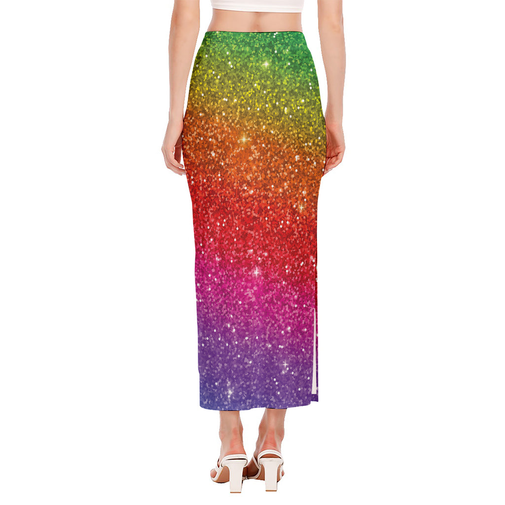 Rainbow (NOT Real) Glitter Artwork Print Side Slit Maxi Skirt
