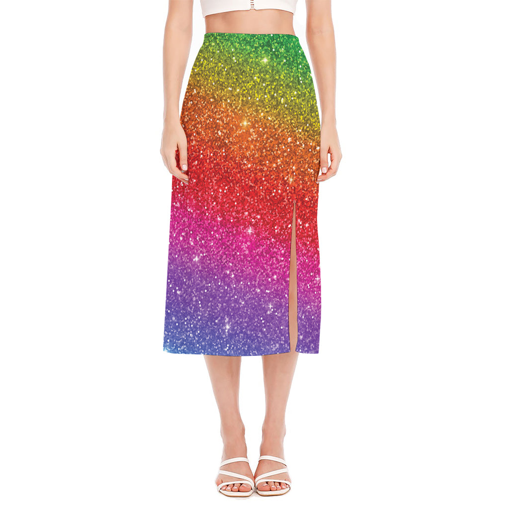 Rainbow (NOT Real) Glitter Artwork Print Side Slit Midi Skirt