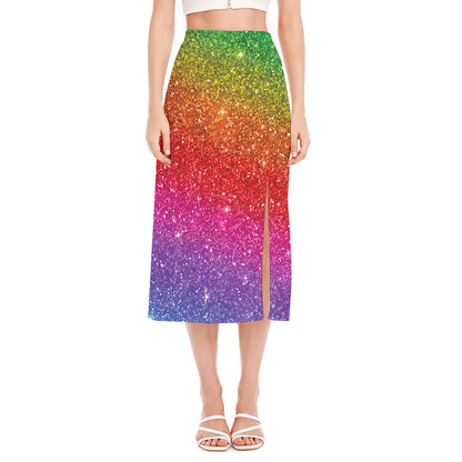 Rainbow (NOT Real) Glitter Artwork Print Side Slit Midi Skirt