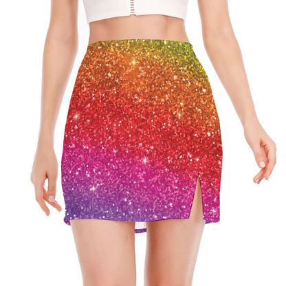 Rainbow (NOT Real) Glitter Artwork Print Side Slit Mini Skirt