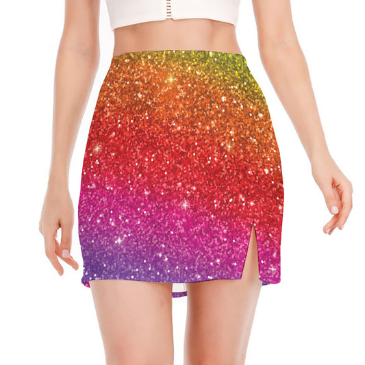 Rainbow (NOT Real) Glitter Artwork Print Side Slit Mini Skirt