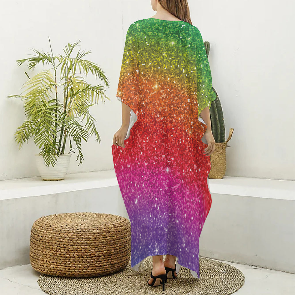 Rainbow (NOT Real) Glitter Artwork Print Silk V-Neck Kaftan Dress