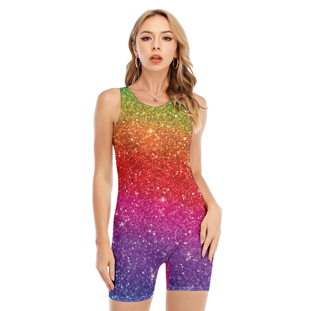 Rainbow (NOT Real) Glitter Artwork Print Sleeveless One Piece Swimsuit