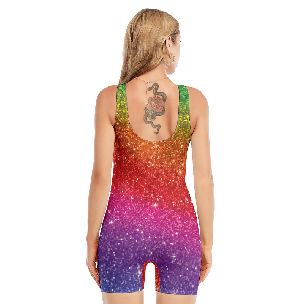 Rainbow (NOT Real) Glitter Artwork Print Sleeveless One Piece Swimsuit