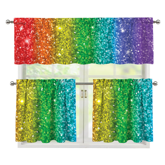 Rainbow (NOT Real) Glitter Print 3 Piece Kitchen Curtains