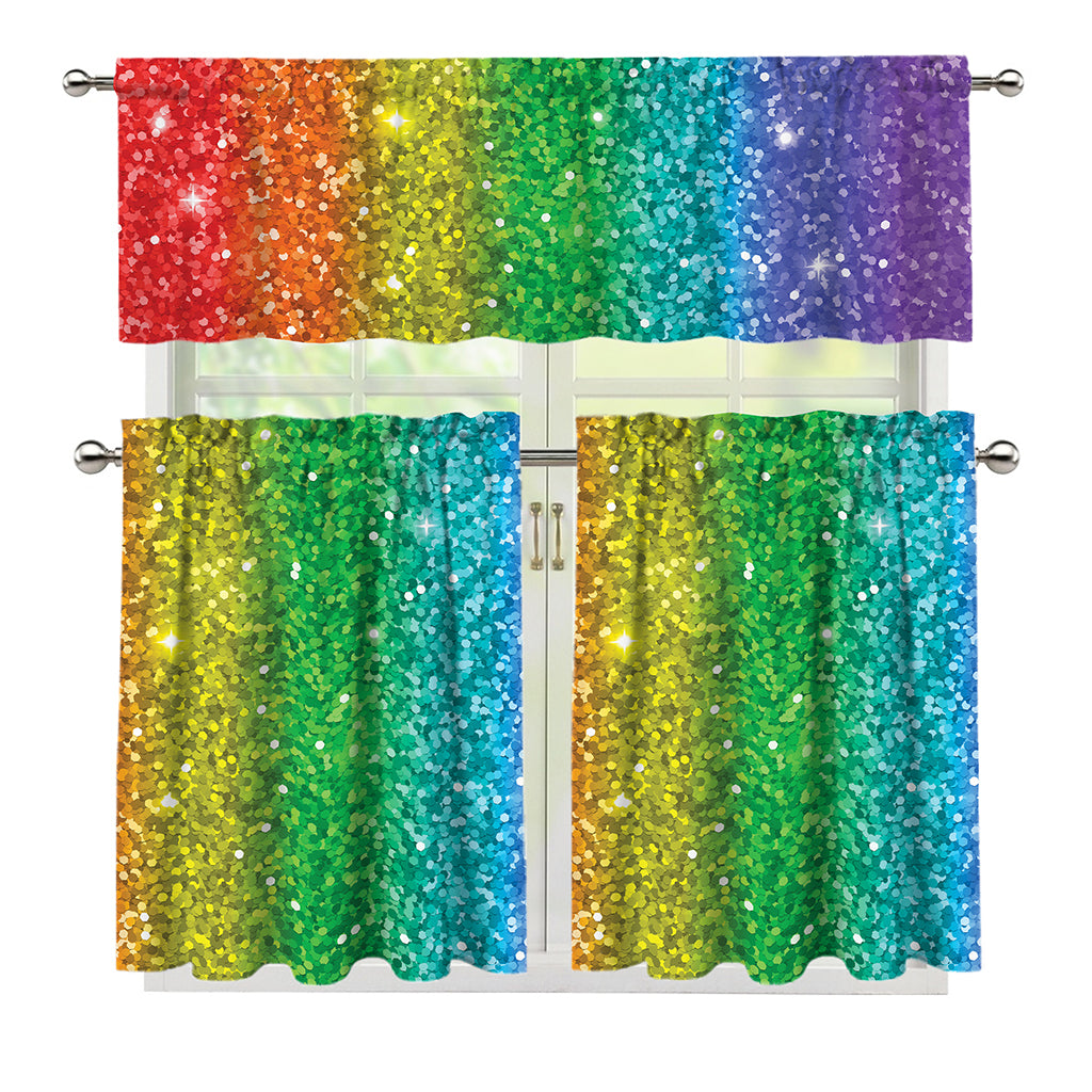 Rainbow (NOT Real) Glitter Print 3 Piece Kitchen Curtains