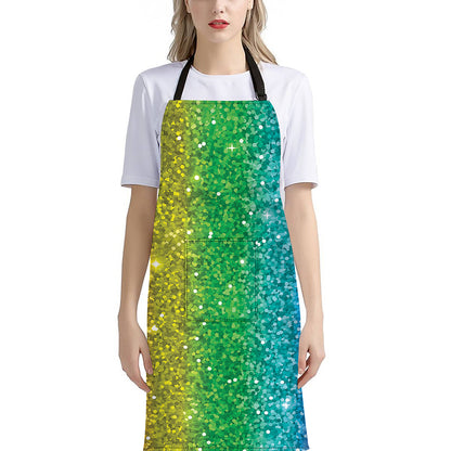 Rainbow (NOT Real) Glitter Print Bib Apron With Pocket