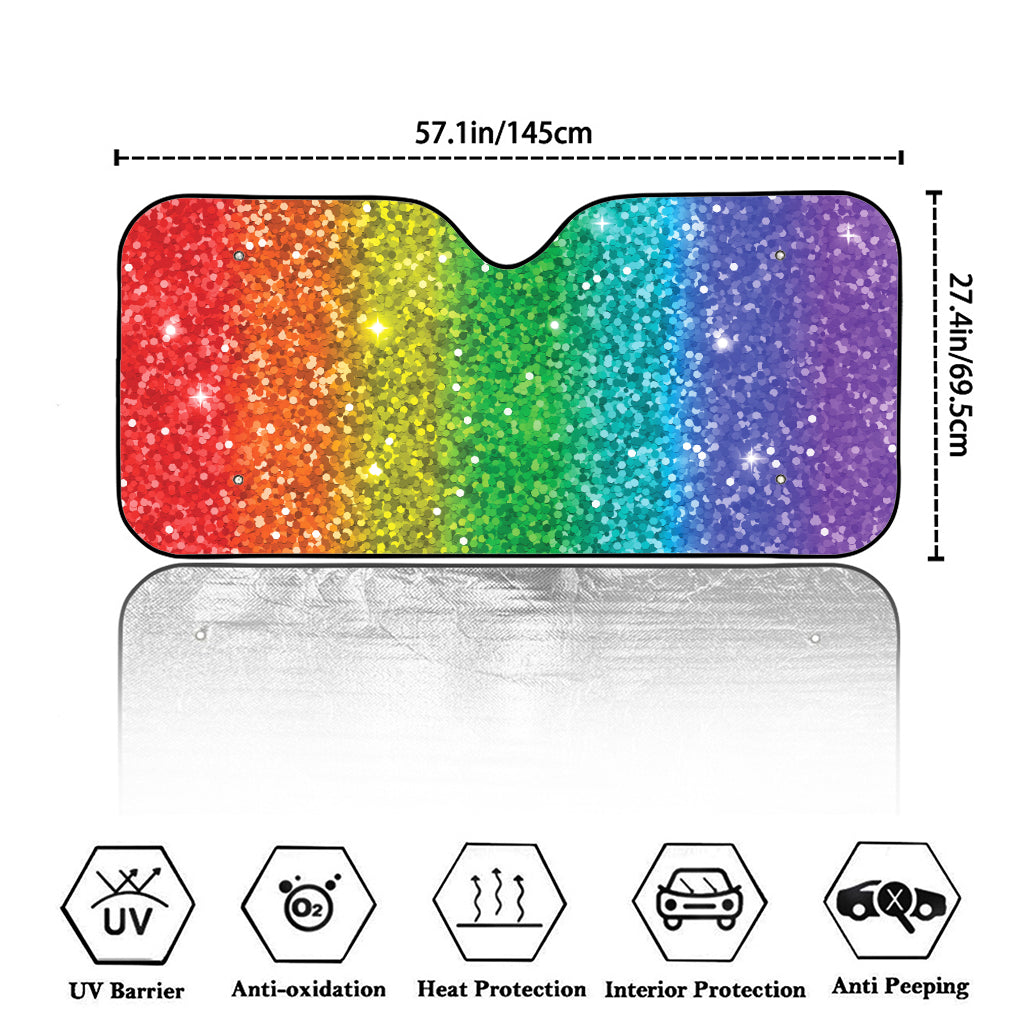 Rainbow (NOT Real) Glitter Print Car Windshield Sun Shade