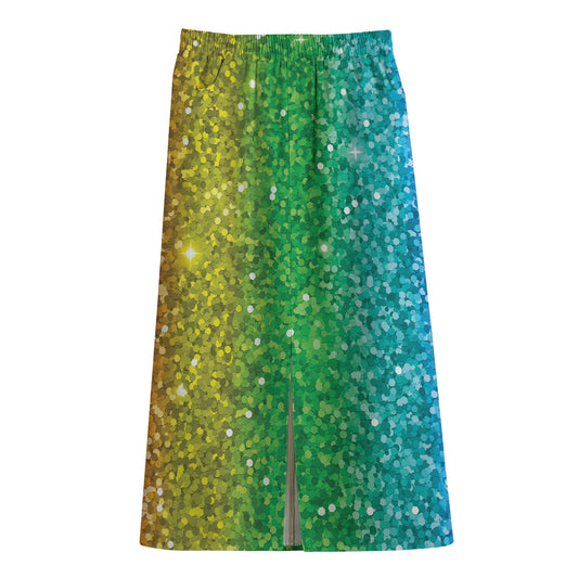 Rainbow (NOT Real) Glitter Print Cotton Front Slit Maxi Skirt