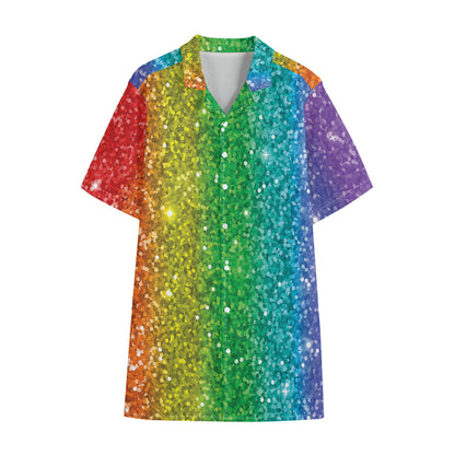 Rainbow (NOT Real) Glitter Print Cotton Hawaiian Shirt