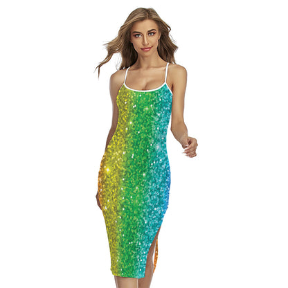 Rainbow (NOT Real) Glitter Print Cross Back Cami Dress