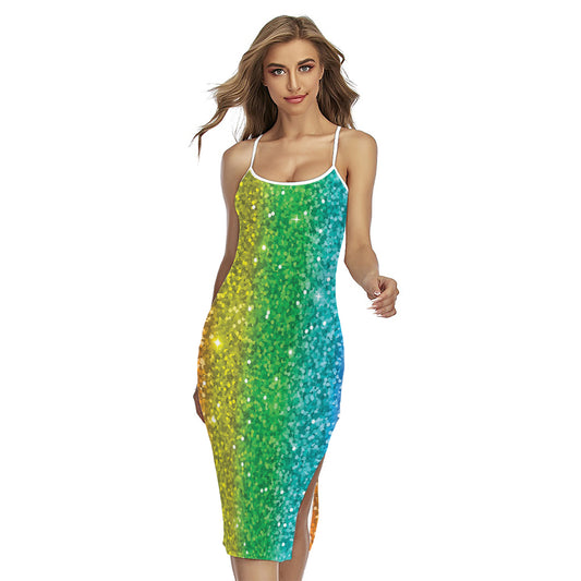 Rainbow (NOT Real) Glitter Print Cross Back Cami Dress