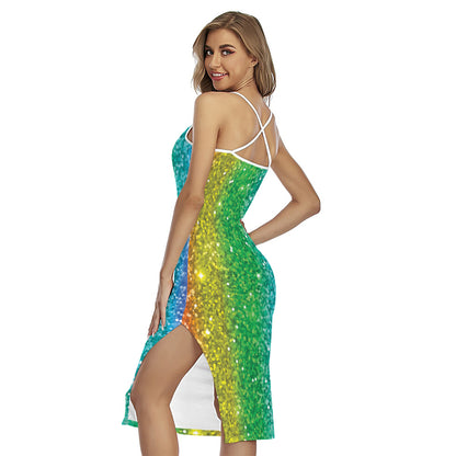Rainbow (NOT Real) Glitter Print Cross Back Cami Dress