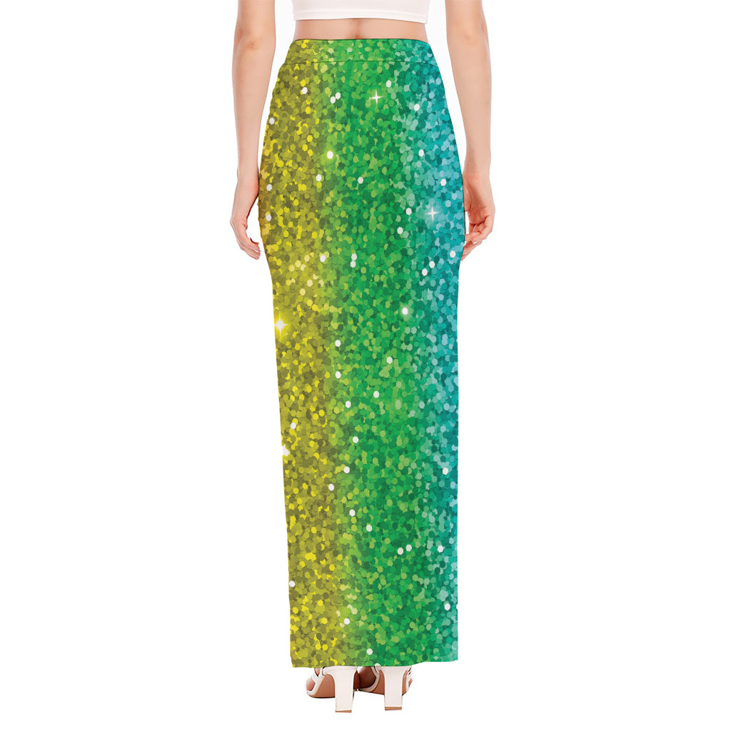 Rainbow (NOT Real) Glitter Print High Slit Maxi Skirt