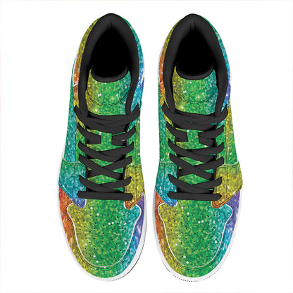 Rainbow (NOT Real) Glitter Print High Top Leather Sneakers