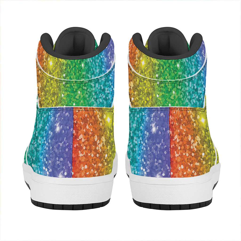 Rainbow (NOT Real) Glitter Print High Top Leather Sneakers