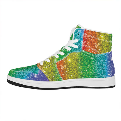 Rainbow (NOT Real) Glitter Print High Top Leather Sneakers