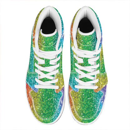 Rainbow (NOT Real) Glitter Print High Top Leather Sneakers