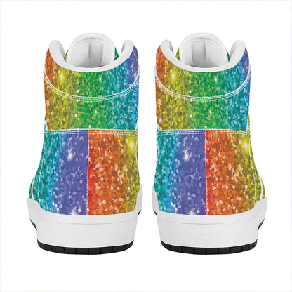 Rainbow (NOT Real) Glitter Print High Top Leather Sneakers