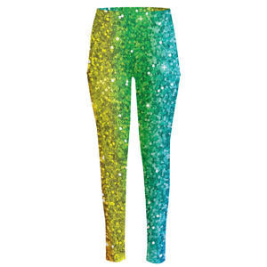 Rainbow (NOT Real) Glitter Print High-Waisted Pocket Leggings