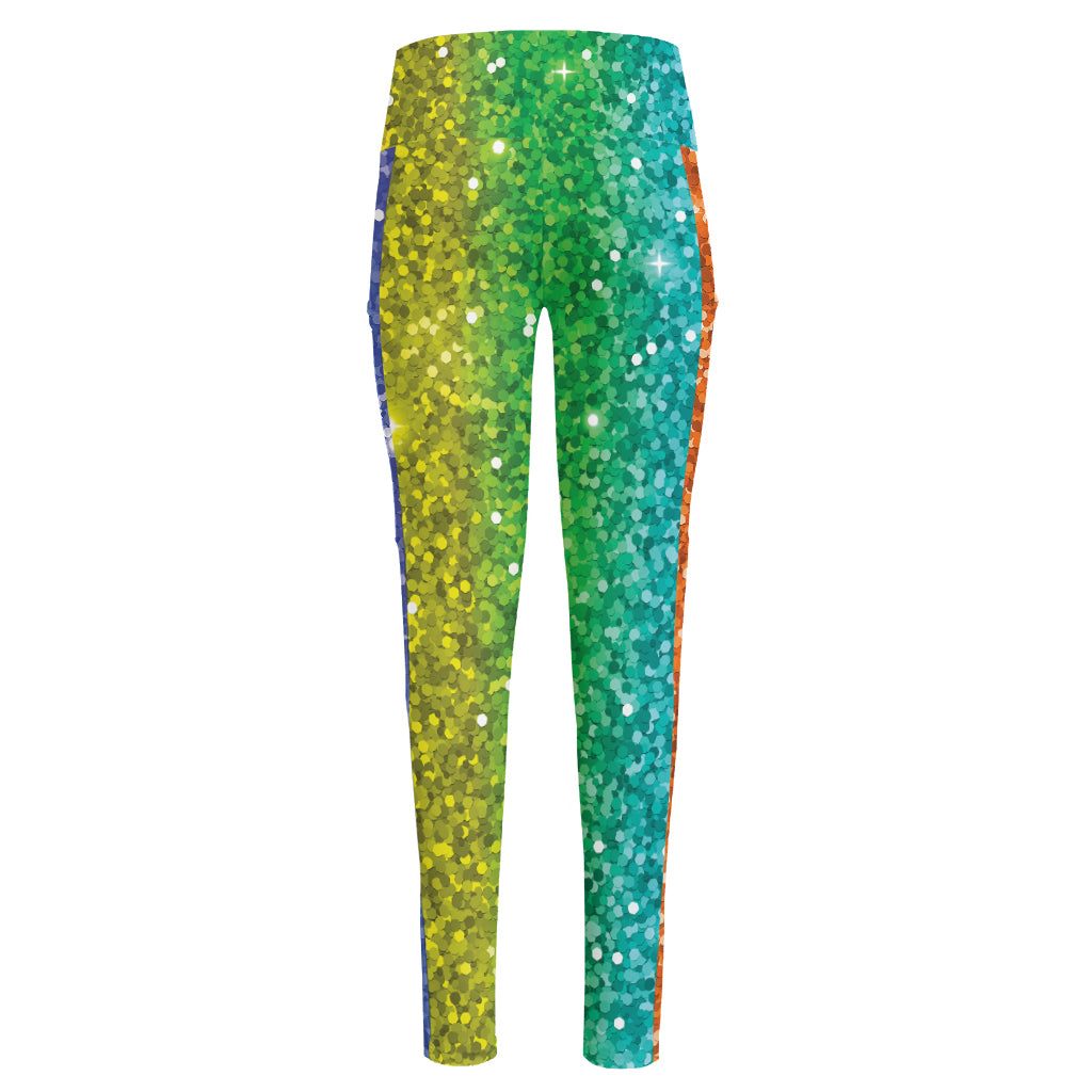 Rainbow (NOT Real) Glitter Print High-Waisted Pocket Leggings