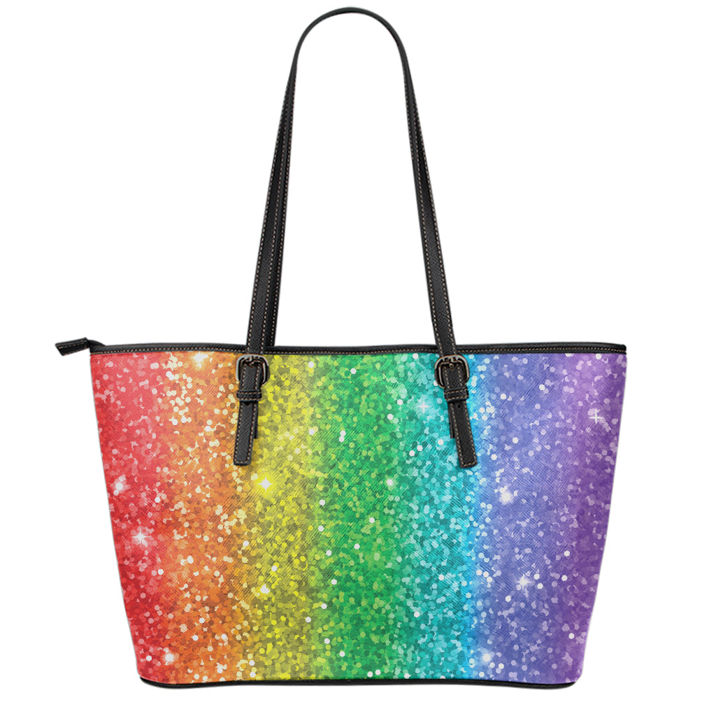 Rainbow (NOT Real) Glitter Print Leather Tote Bag