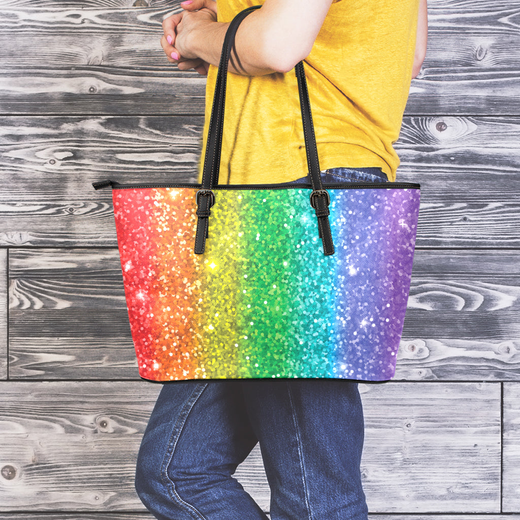 Rainbow (NOT Real) Glitter Print Leather Tote Bag