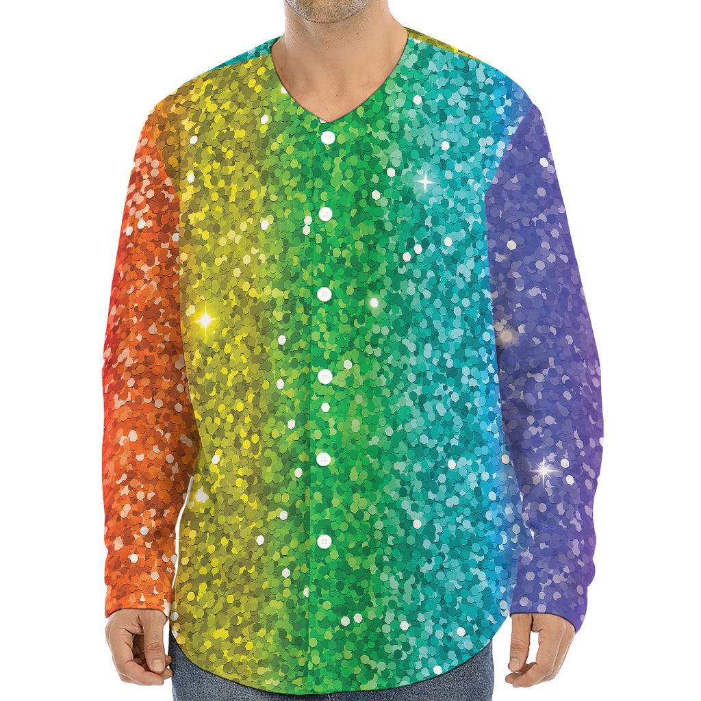 Rainbow (NOT Real) Glitter Print Long Sleeve Baseball Jersey