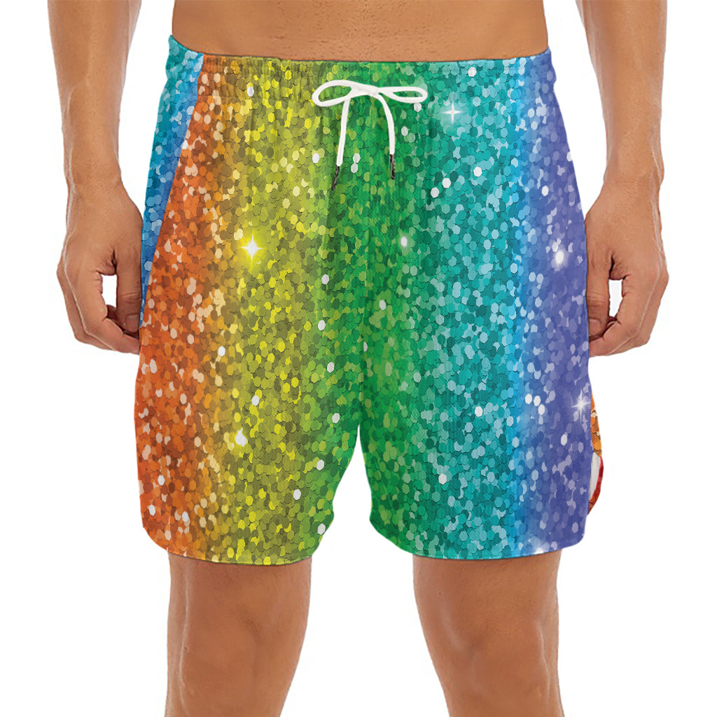 Rainbow (NOT Real) Glitter Print Men's Split Running Shorts