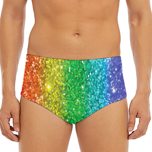 Rainbow (NOT Real) Glitter Print Men's Triangle Swim Briefs