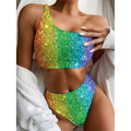 Rainbow (NOT Real) Glitter Print One Shoulder Bikini Set