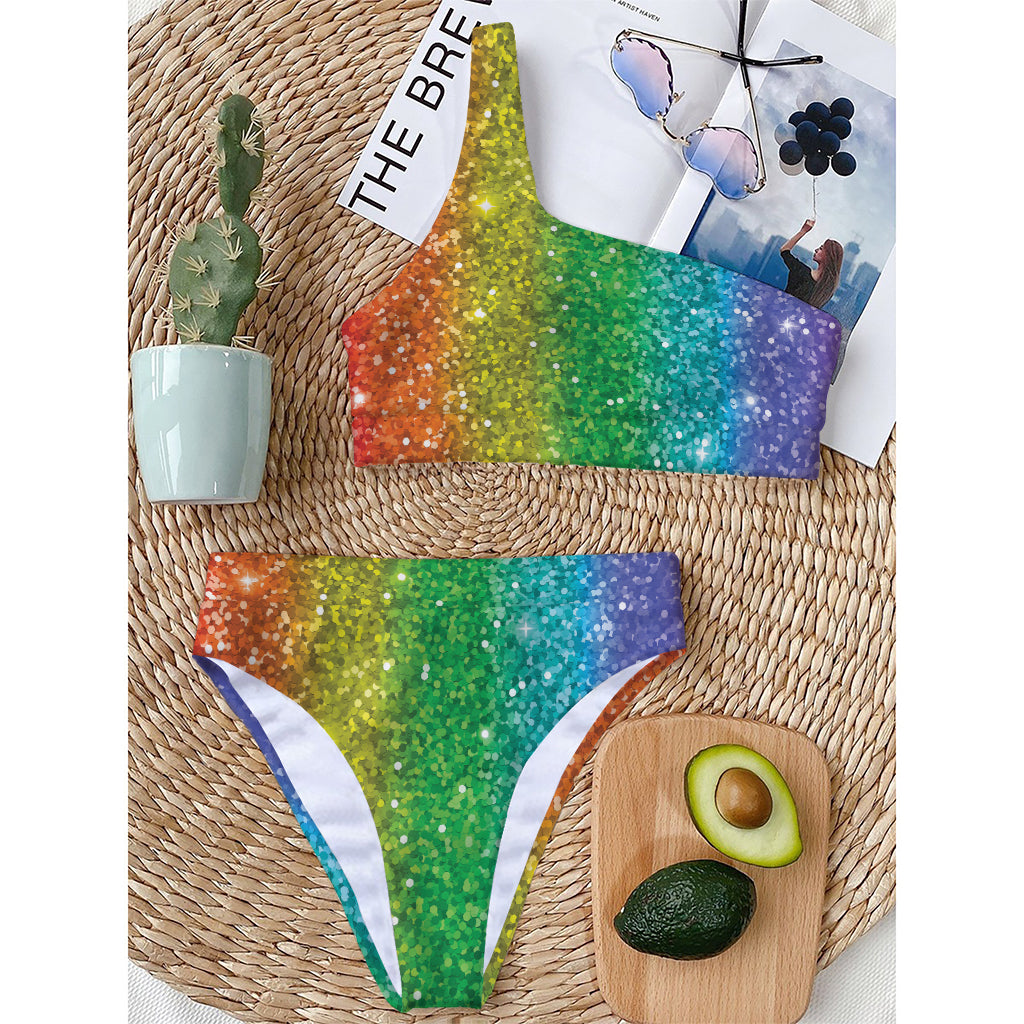 Rainbow (NOT Real) Glitter Print One Shoulder Bikini Top