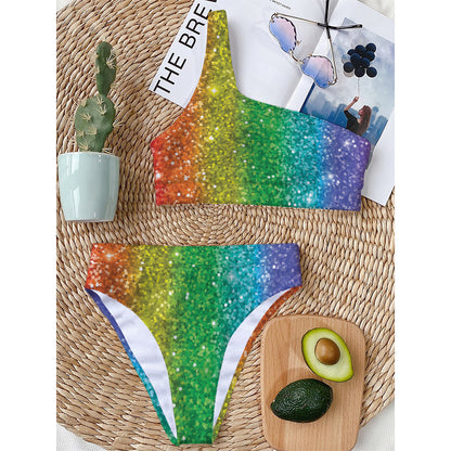 Rainbow (NOT Real) Glitter Print One Shoulder Bikini Top
