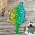 Rainbow (NOT Real) Glitter Print One Shoulder Bodysuit