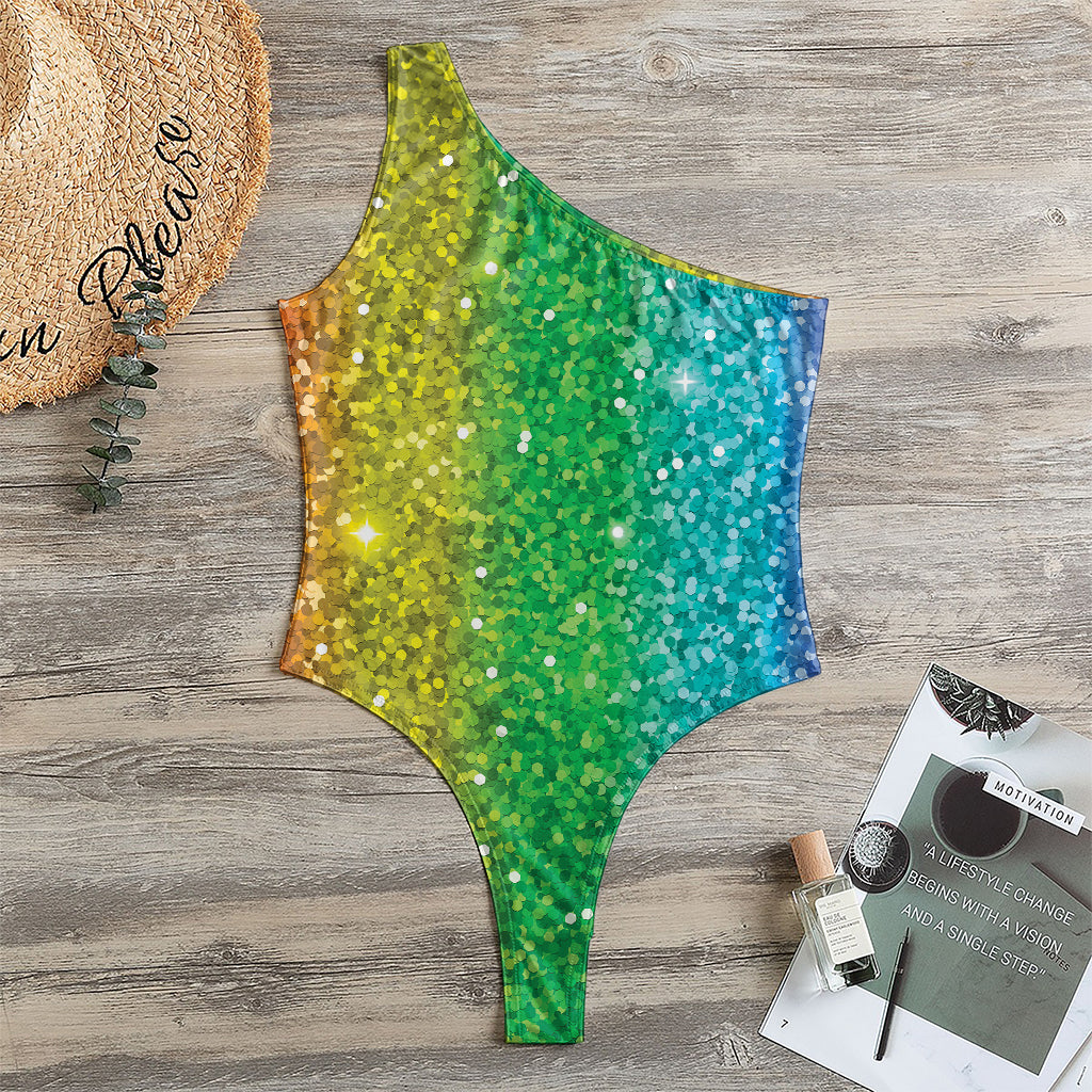 Rainbow (NOT Real) Glitter Print One Shoulder Bodysuit