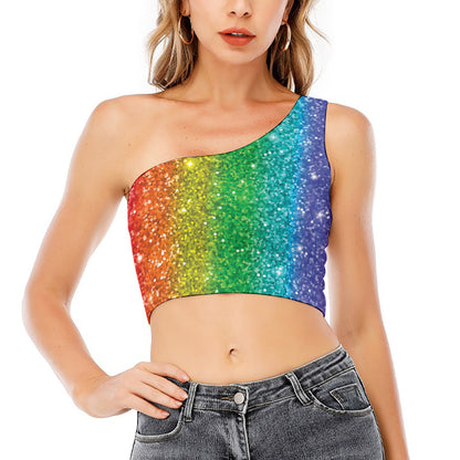 Rainbow (NOT Real) Glitter Print One Shoulder Crop Top
