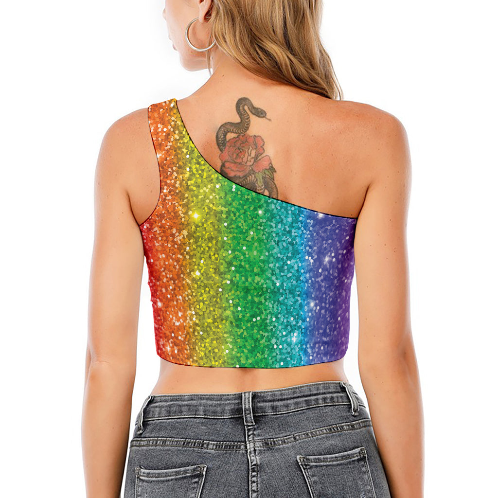 Rainbow (NOT Real) Glitter Print One Shoulder Crop Top